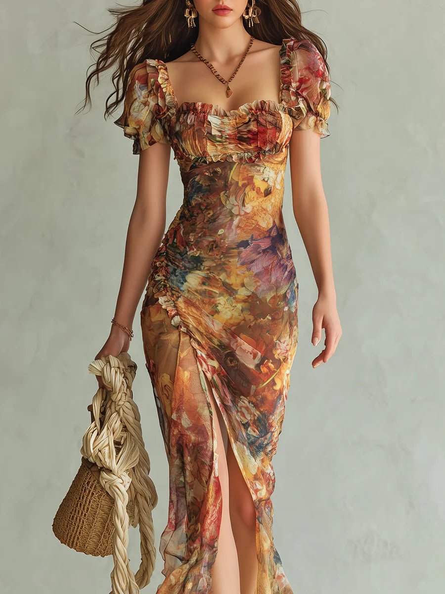 Women's Floral Print Chiffon Ruched Sweetheart Maxi Dress