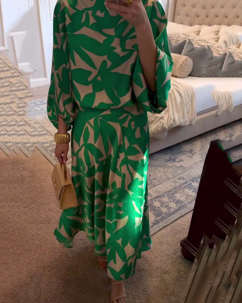 Women's Floral-Print Lantern-Sleeve Relaxed Two-Piece Midi Skirt Set