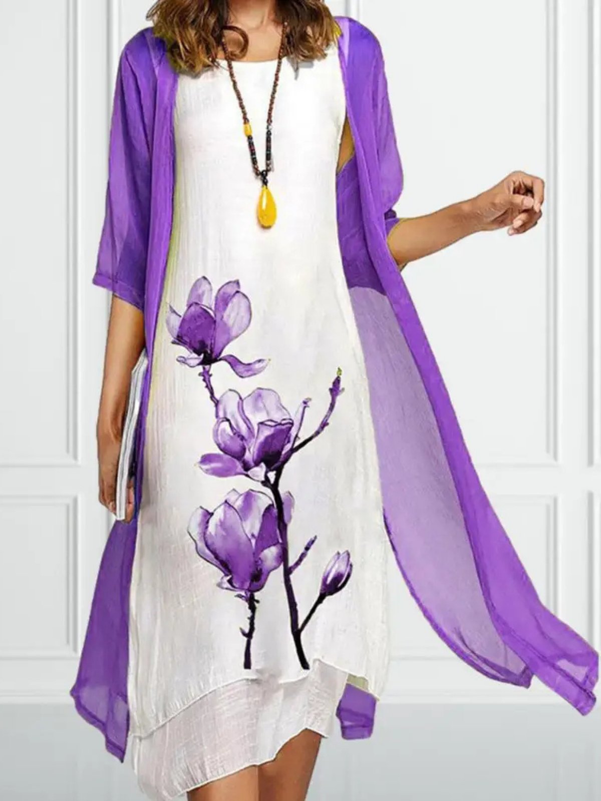Women's Floral-Print Linen Sleeveless Midi Dress Chiffon Cardigan Set - Purple