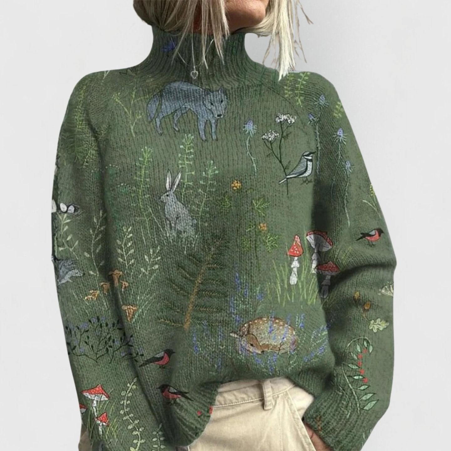 Women's Floral Print Relaxed-Fit Turtleneck Knit Jumper - Green