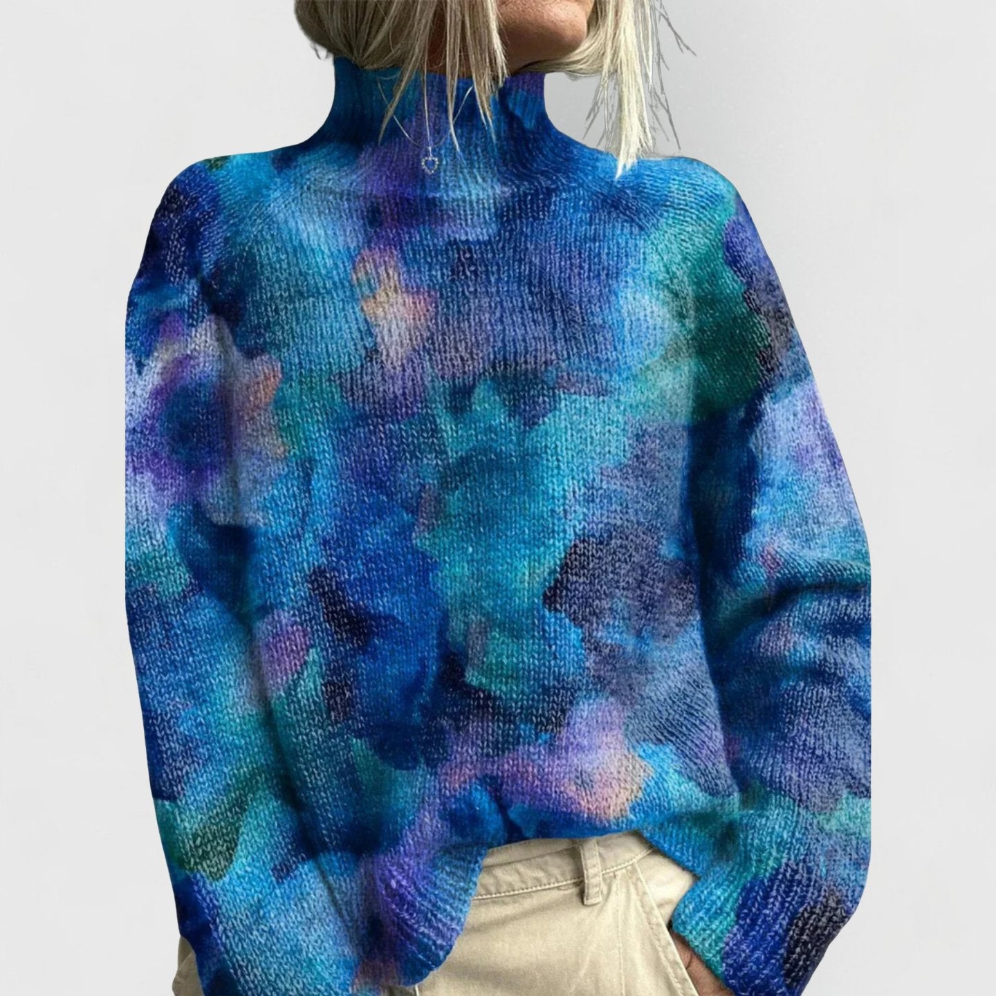 Women's Floral Print Relaxed-Fit Turtleneck Knit Jumper - Blue