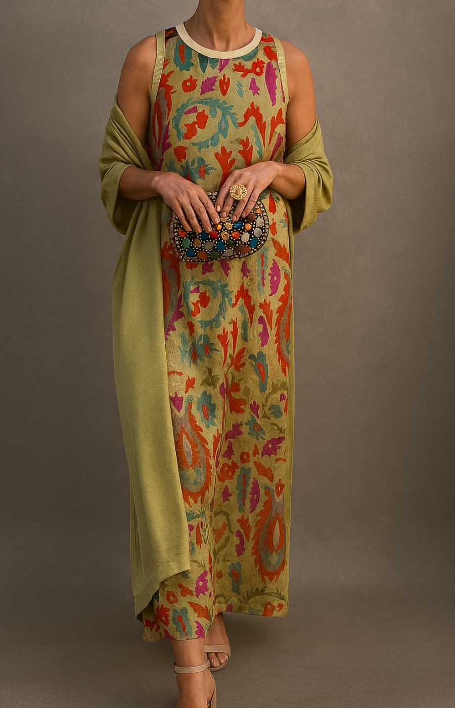 Women's Floral Print Sleeveless Maxi Dress Shawl Set - Green