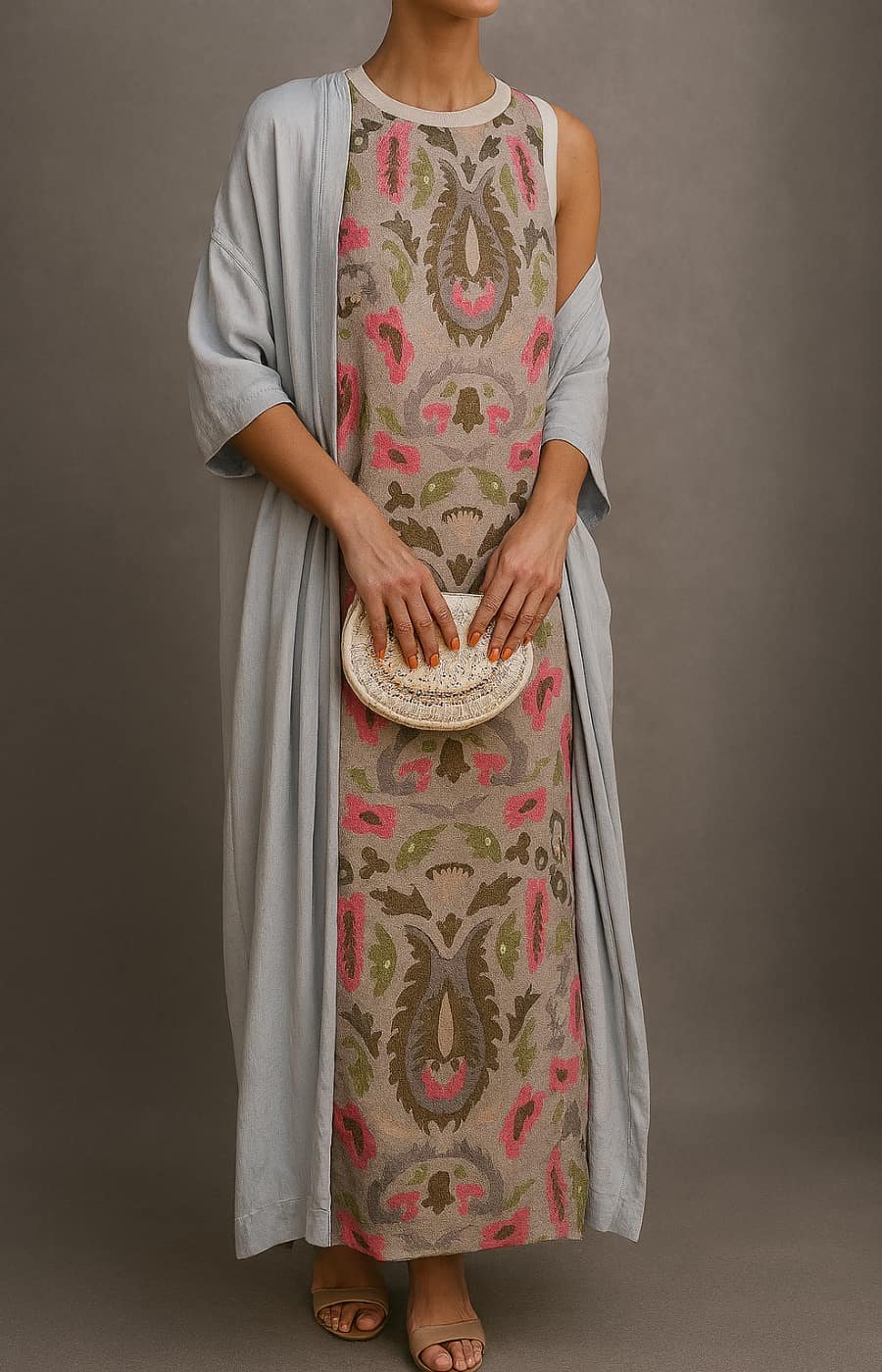Women's Floral Print Sleeveless Maxi Dress Shawl Set - Khaki