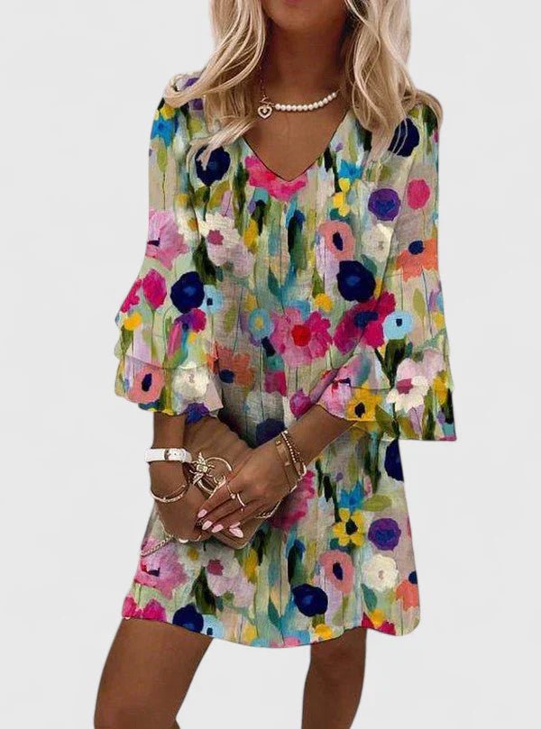 Women's Floral Print V-Neck Ruffle Sleeve Mini Dress - Multicolored