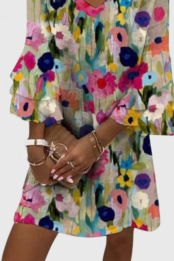 Women's Floral Print V-Neck Ruffle Sleeve Mini Dress
