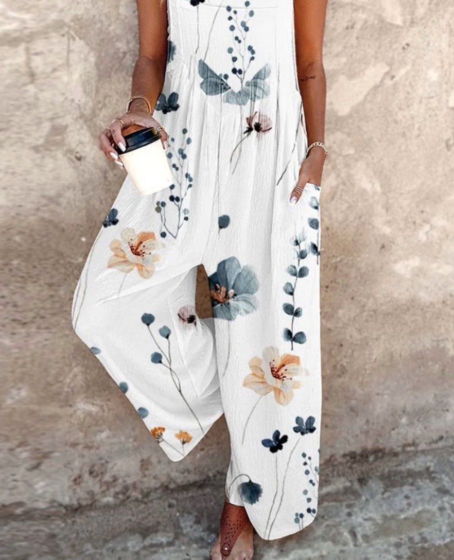 Women's Floral Print Wide-Leg Sleeveless Dungaree Jumpsuit