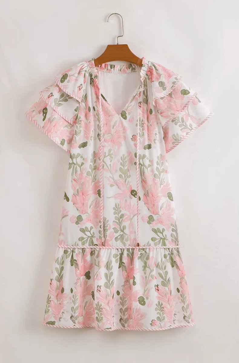 Women's Floral Puff-Sleeve Tie-Neck Relaxed Mini Dress