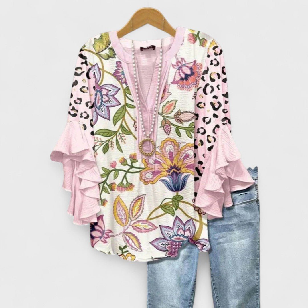 Women's Floral Ruffle-Sleeve V-Neck Lightweight Blouse - Pink