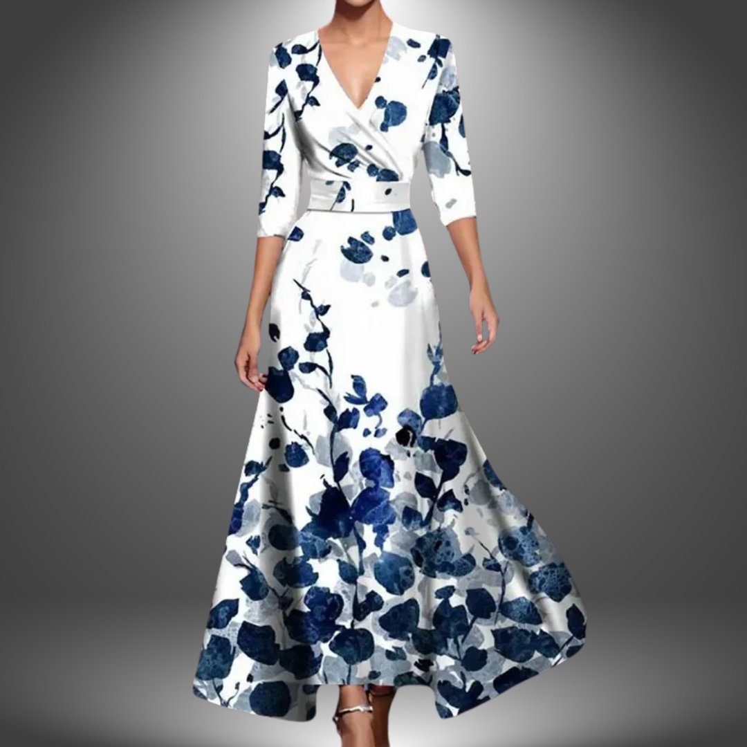 Women's Floral Wrap Maxi Dress V-Neck Three-Quarter Sleeve - White