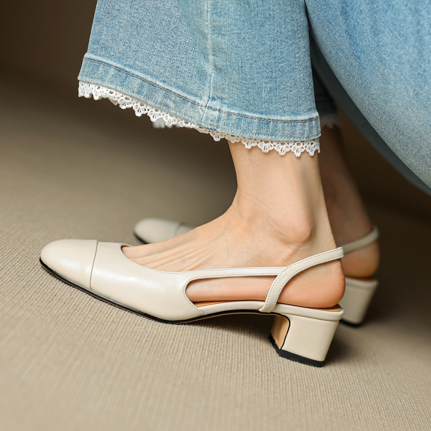 Women's Genuine Leather Almond-Toe Slingback Block-Heel Pumps