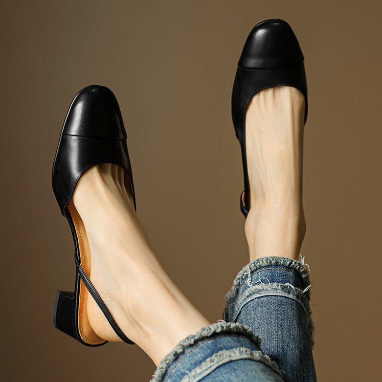 Women's Genuine Leather Almond-Toe Slingback Block-Heel Pumps