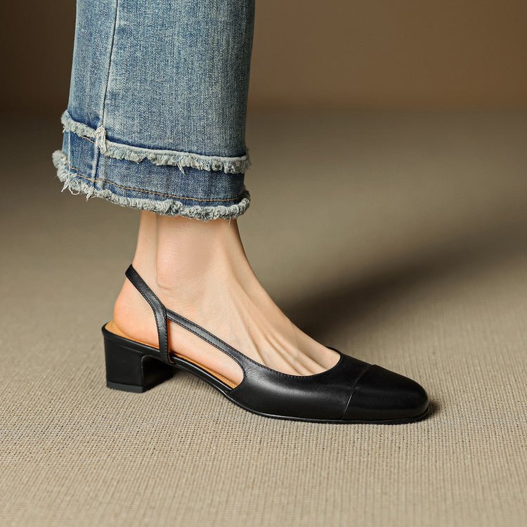 Women's Genuine Leather Almond-Toe Slingback Block-Heel Pumps - Black