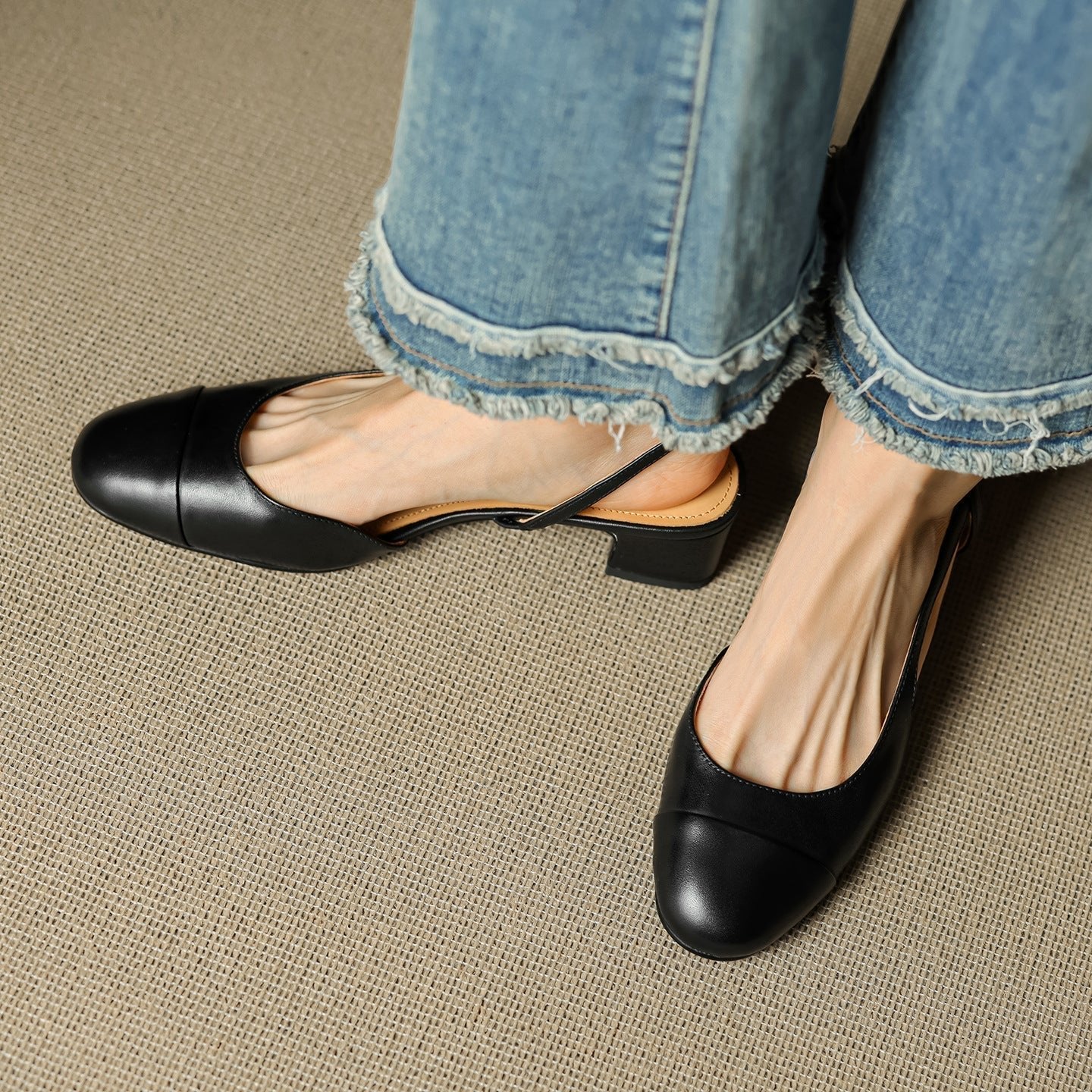 Women's Genuine Leather Almond-Toe Slingback Block-Heel Pumps