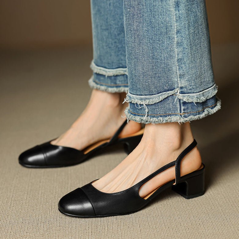 Women's Genuine Leather Almond-Toe Slingback Block-Heel Pumps