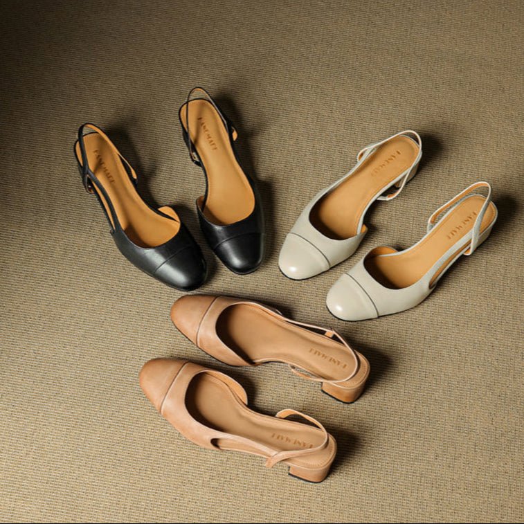 Women's Genuine Leather Almond-Toe Slingback Block-Heel Pumps