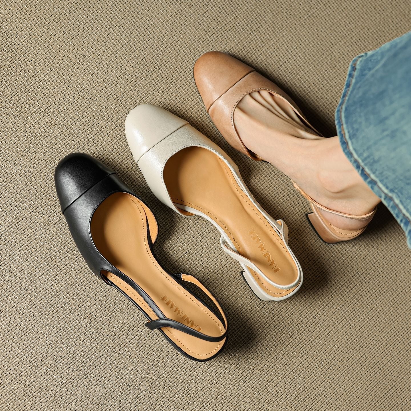 Women's Genuine Leather Almond-Toe Slingback Block-Heel Pumps
