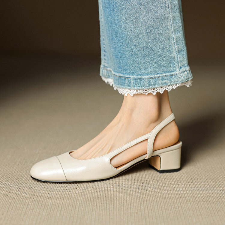 Women's Genuine Leather Almond-Toe Slingback Block-Heel Pumps - Beige
