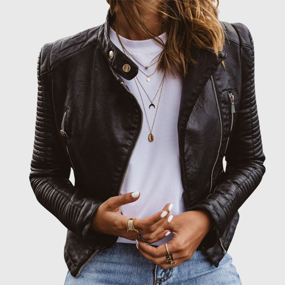 Women's Genuine Leather Biker Jacket Zip-Up Quilted-Sleeve Moto