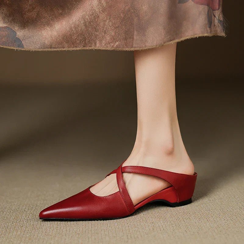 Women's Genuine Leather Cross-Strap Pointed-Toe Mules - Red