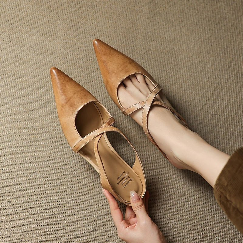 Women's Genuine Leather Cross-Strap Pointed-Toe Mules