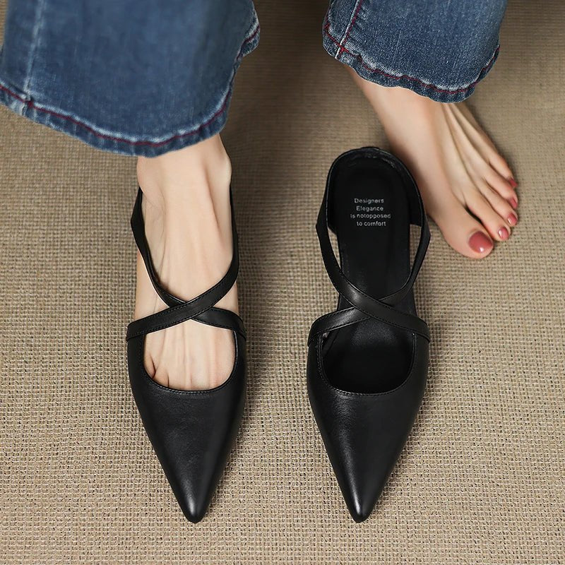 Women's Genuine Leather Cross-Strap Pointed-Toe Mules