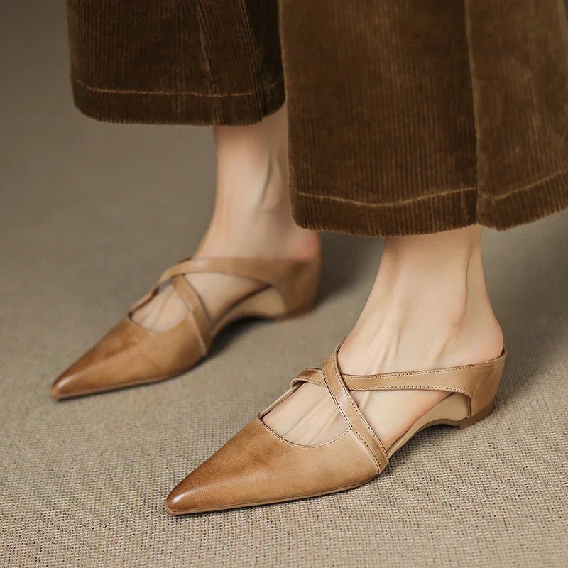 Women's Genuine Leather Cross-Strap Pointed-Toe Mules