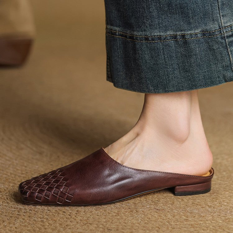 Women's Genuine Leather Woven-Toe Square-Toe Slip-On Mules