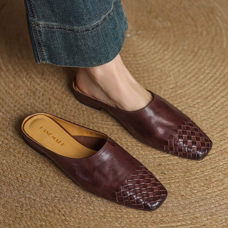 Women's Genuine Leather Woven-Toe Square-Toe Slip-On Mules - Brown