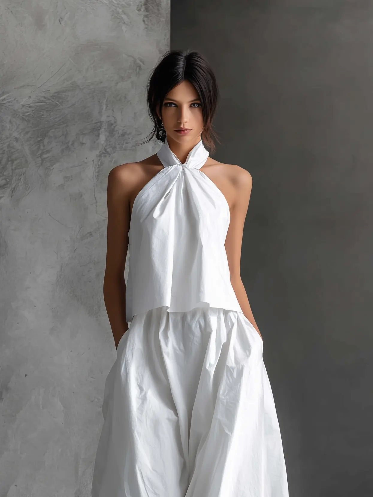 Women's Halter Neck Cotton-Linen Maxi Skirt Two-Piece Set