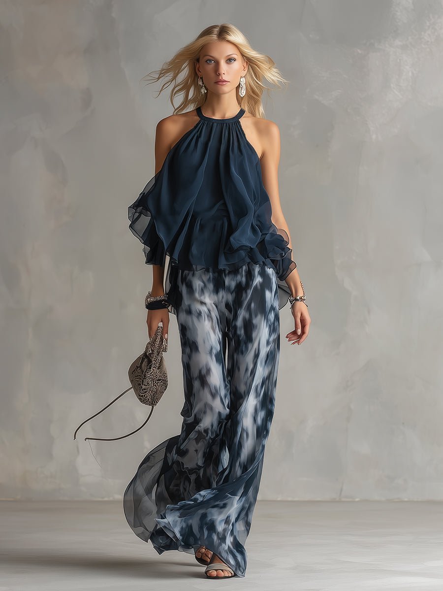 Women's Halter Neck Wide-Leg Printed Two-Piece Co-ord Set