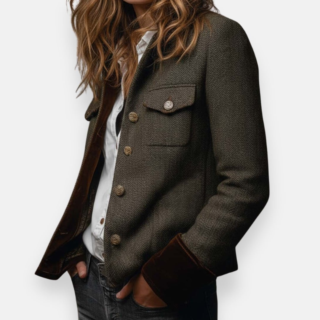 Women's Herringbone Structured Button-Front Long Sleeve Jacket