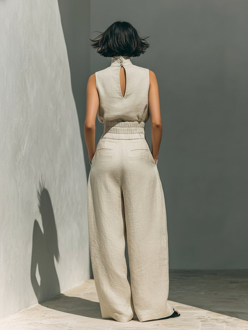 Women's High-Neck Sleeveless Wide-Leg Linen Blend Trouser Set