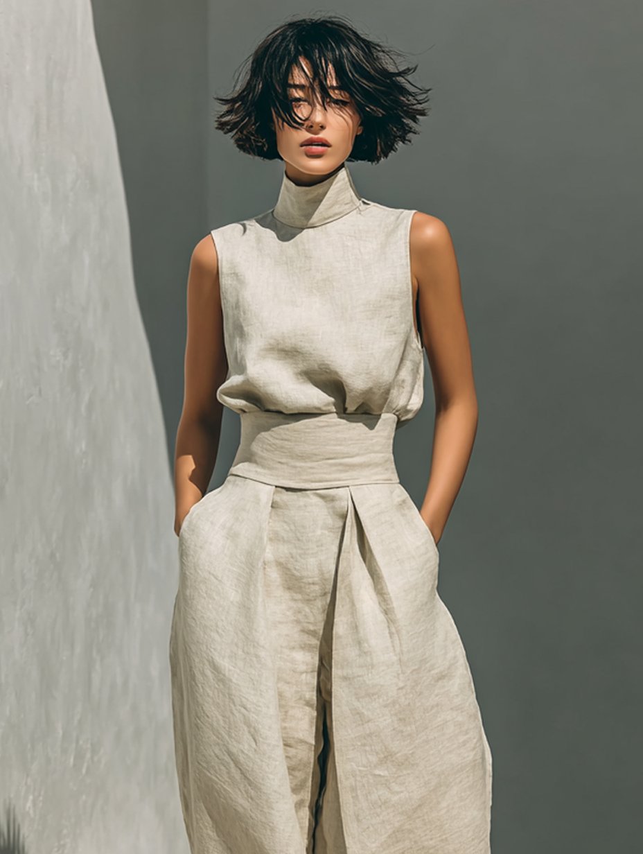 Women's High-Neck Sleeveless Wide-Leg Linen Blend Trouser Set