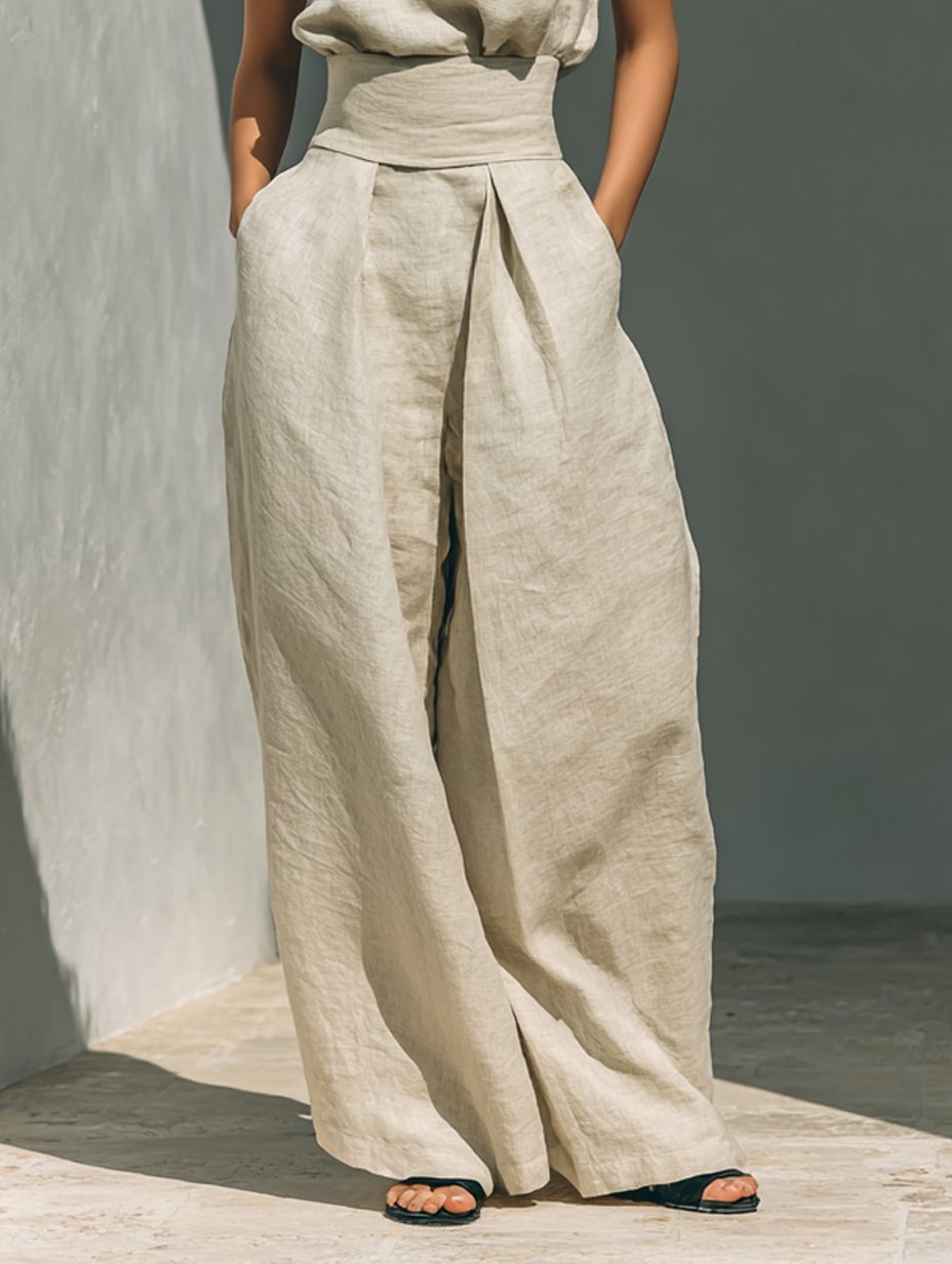 Women's High-Neck Sleeveless Wide-Leg Linen Blend Trouser Set