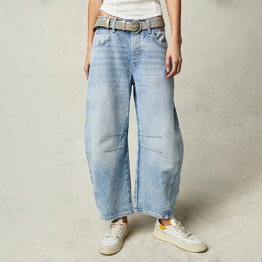 Women's High-Rise Barrel-Leg Acid-Wash Wide-Fit Jeans - Light Blue