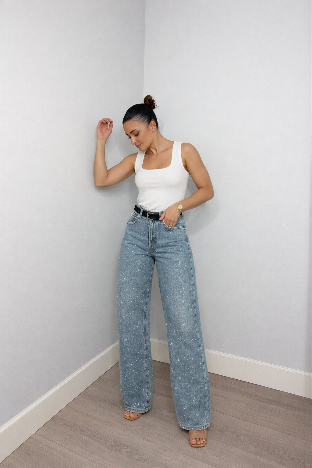 Women's High-Waist Straight-Leg Glitter Denim Jeans