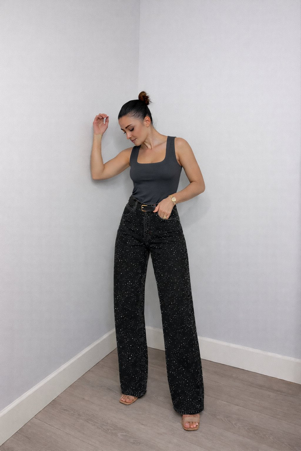 Women's High-Waist Straight-Leg Glitter Denim Jeans
