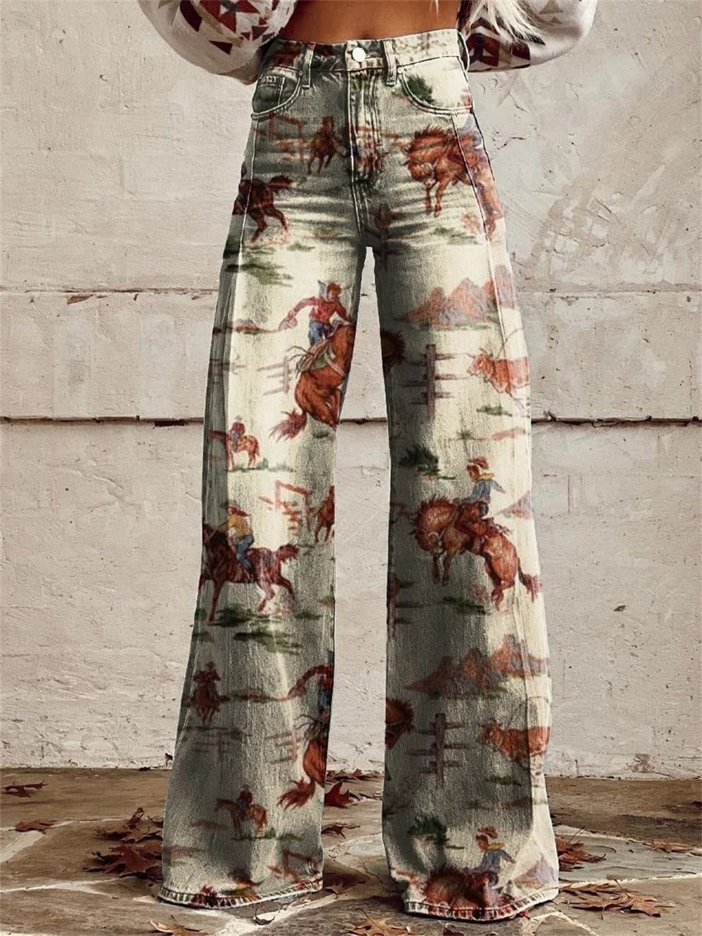 Women's High-Waist Wide-Leg Western Print Denim Trousers - Beige