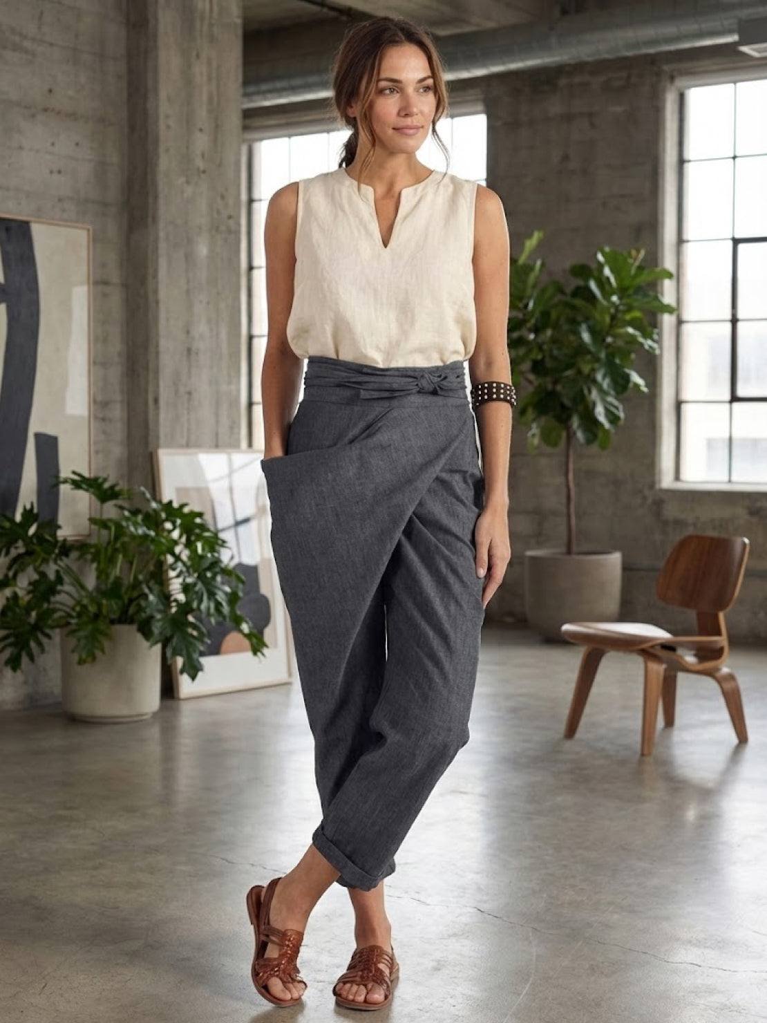 Women's High-Waist Wrap-Front Cropped Tapered Trousers