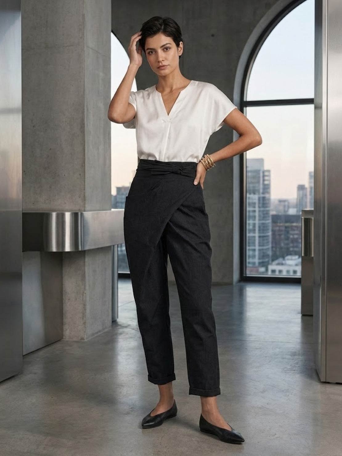 Women's High-Waist Wrap-Front Cropped Tapered Trousers