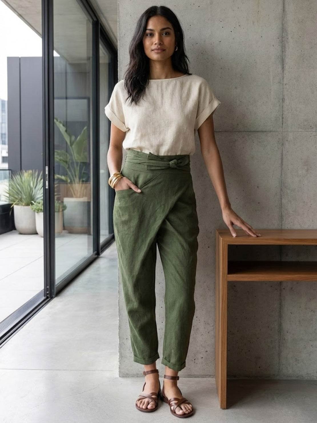 Women's High-Waist Wrap-Front Cropped Tapered Trousers