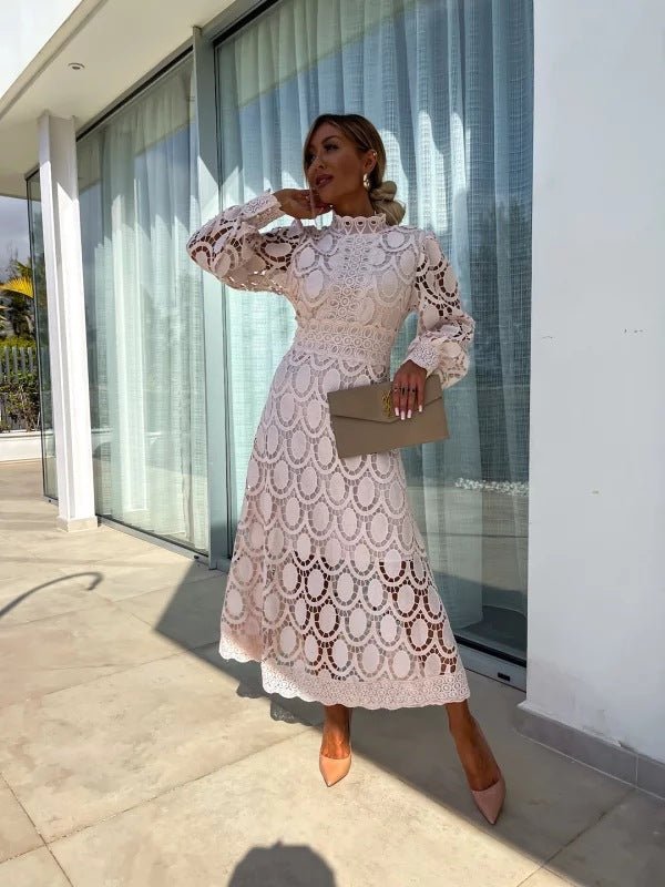 Women's Lace Crochet Long Sleeve Midi Evening Dress