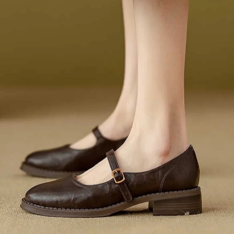 Women's Leather Mary Jane Flat Shoes Adjustable Strap Low Block Heel