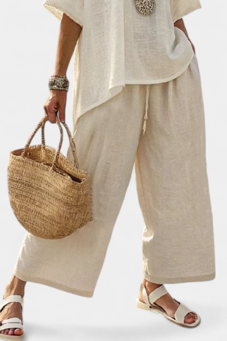 Women's Linen Asymmetric-Hem Oversized Top Wide-Leg Trouser Co-ord Set