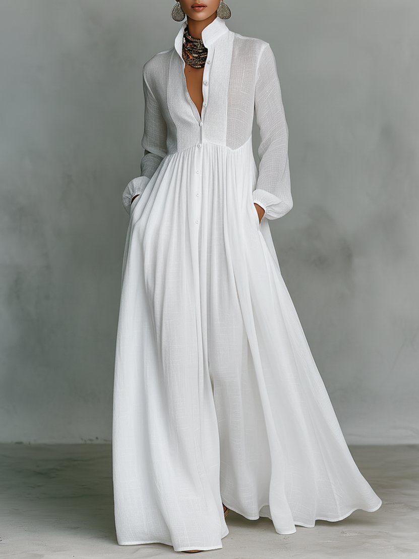 Women's Linen-Blend Button-Front Stand-Collar Maxi Dress - White
