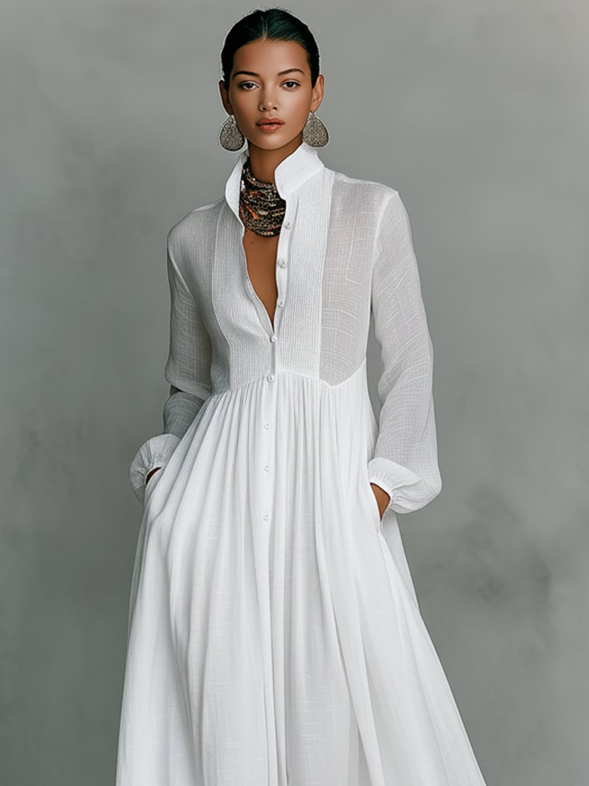 Women's Linen-Blend Button-Front Stand-Collar Maxi Dress