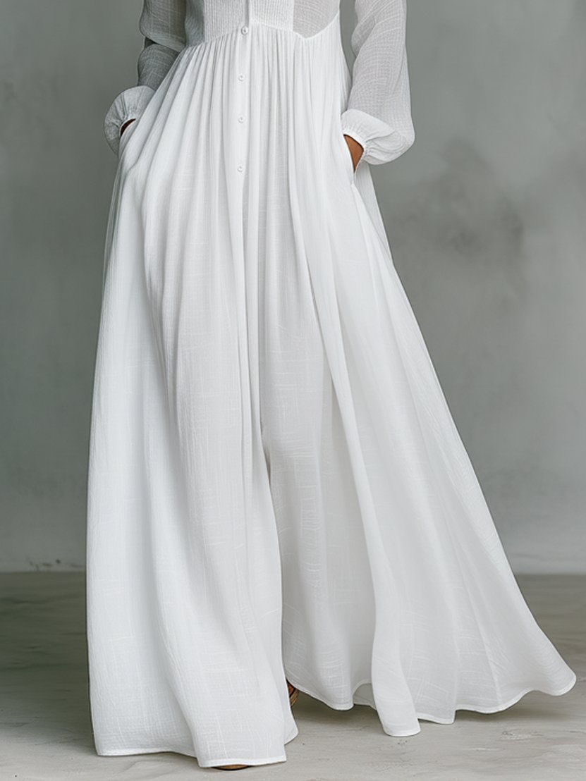 Women's Linen-Blend Button-Front Stand-Collar Maxi Dress