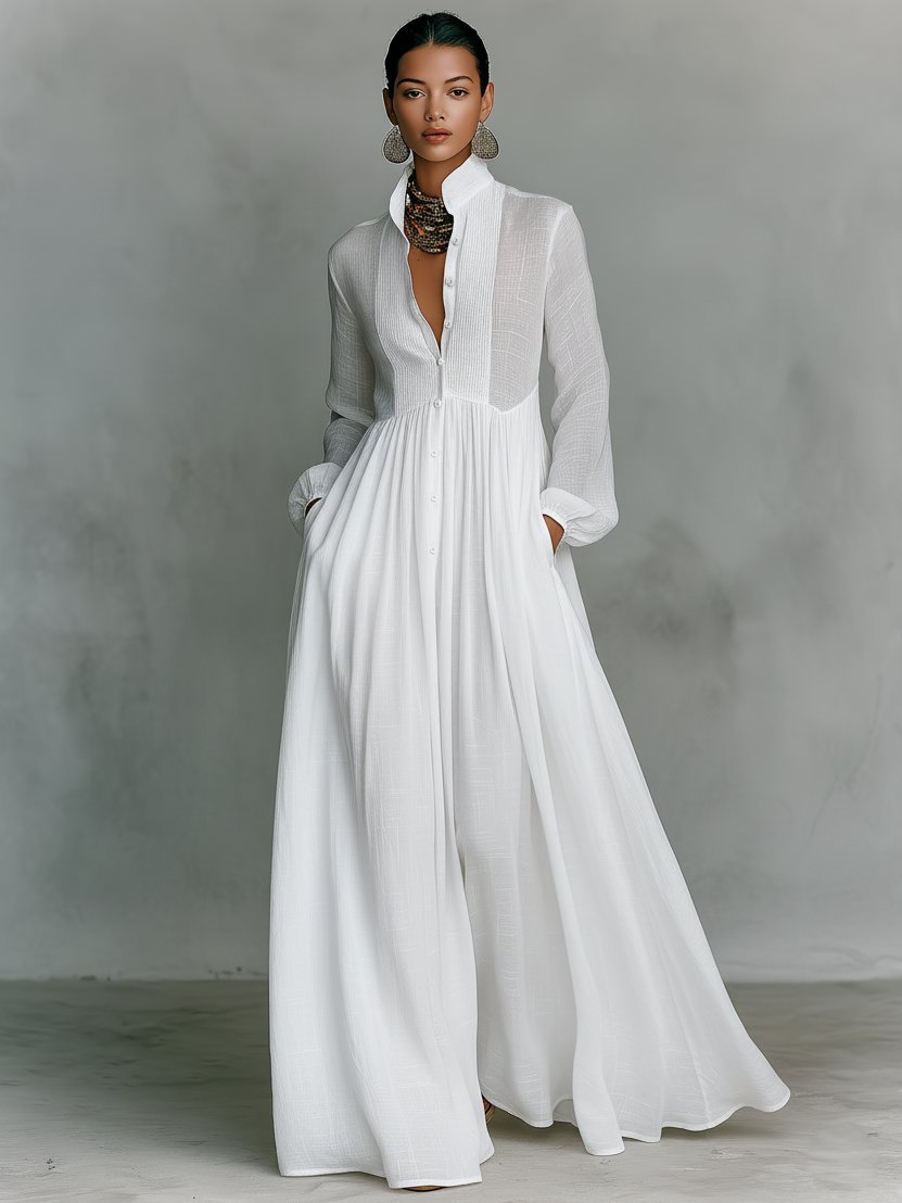 Women's Linen-Blend Button-Front Stand-Collar Maxi Dress