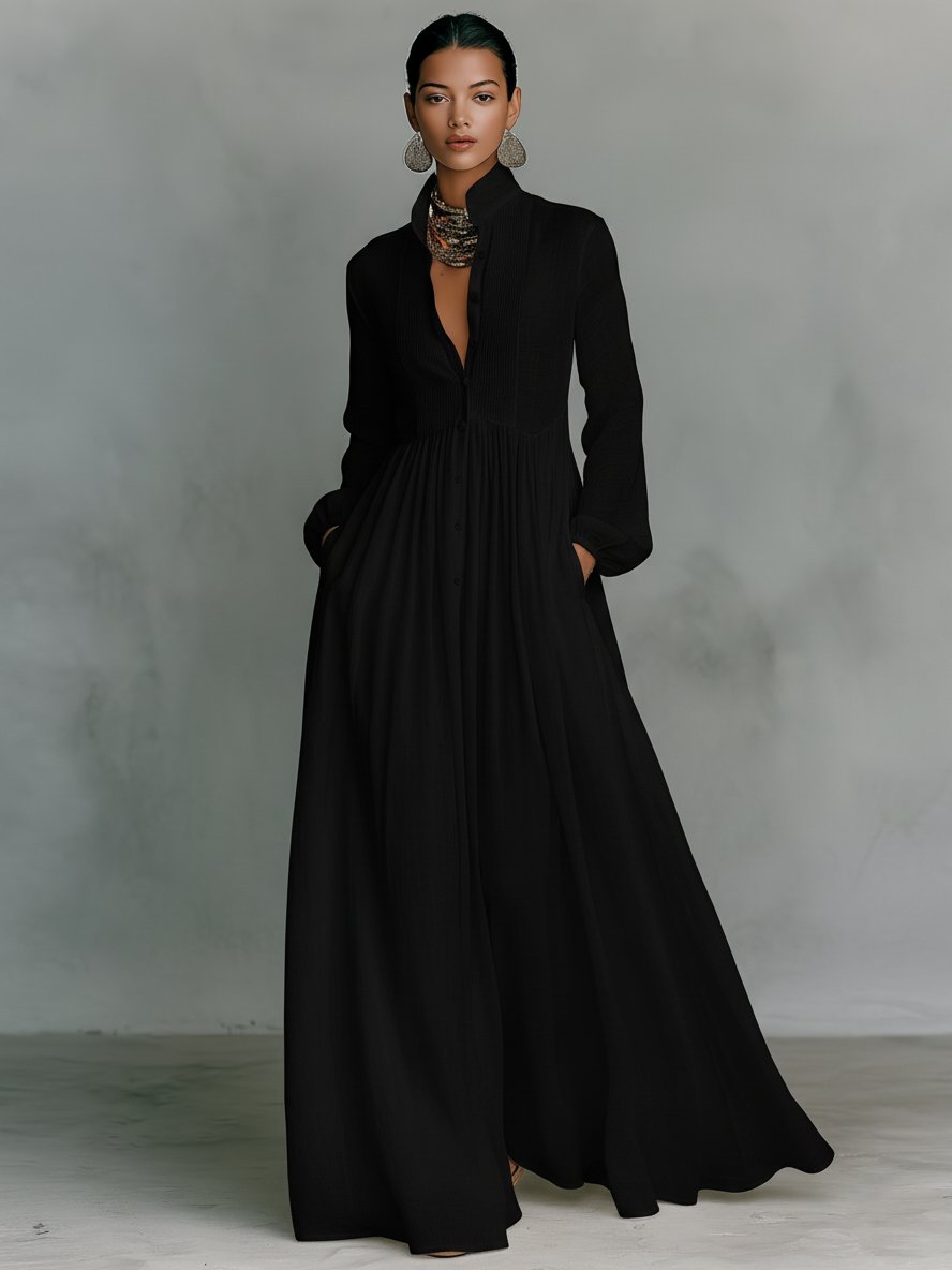 Women's Linen-Blend Button-Front Stand-Collar Maxi Dress - Black