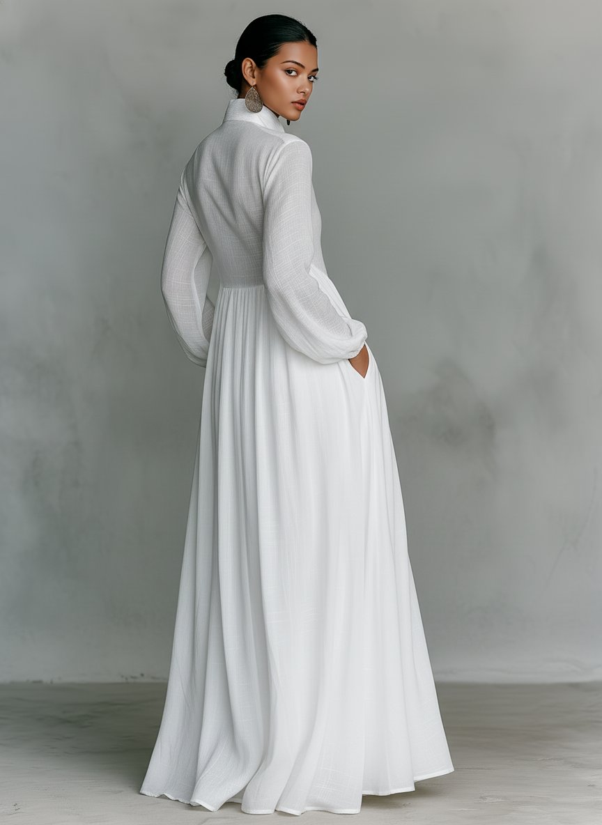 Women's Linen-Blend Button-Front Stand-Collar Maxi Dress